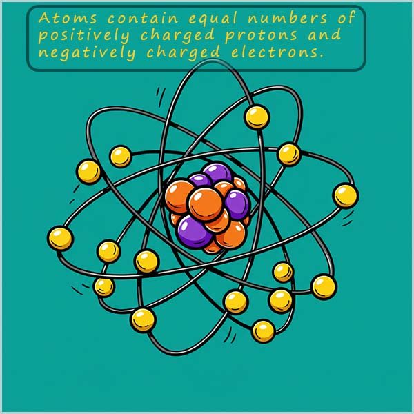 Images shows That atoms are neutral because they contain equal numbers of positively charged protons and negatively charged electrons